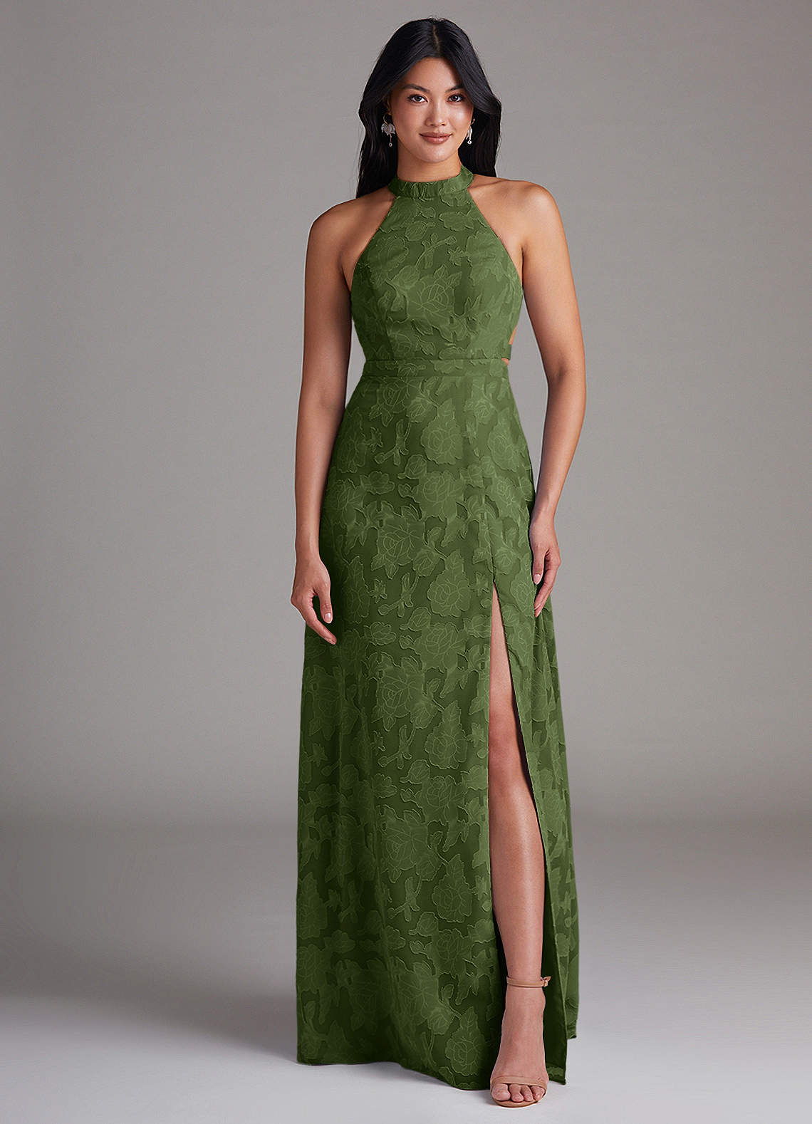 Azazie Clarice Bridesmaid Dresses Olive A-Line Side Slit Floral Burnout Dress image3