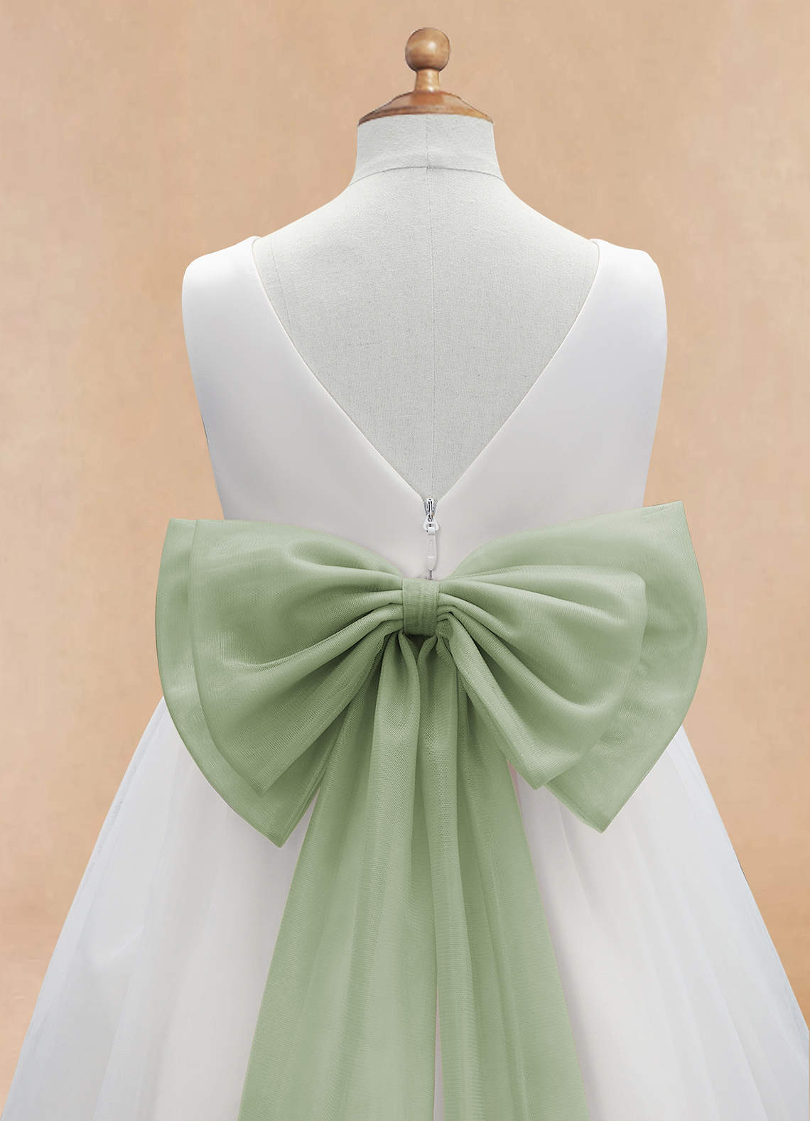 Azazie Kavi Flower Girl Dresses Ivory Dusty Sage A-Line Bow Matte Satin Dress image9