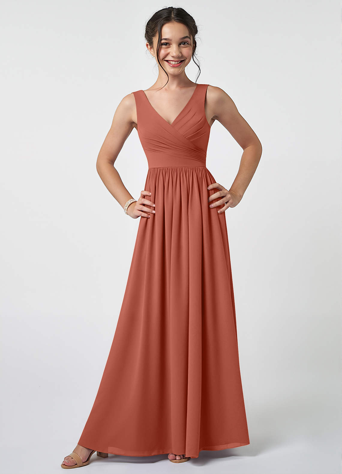 Azazie Keyla Junior A-Linie Plissee Chiffon Kleid Lehm image1