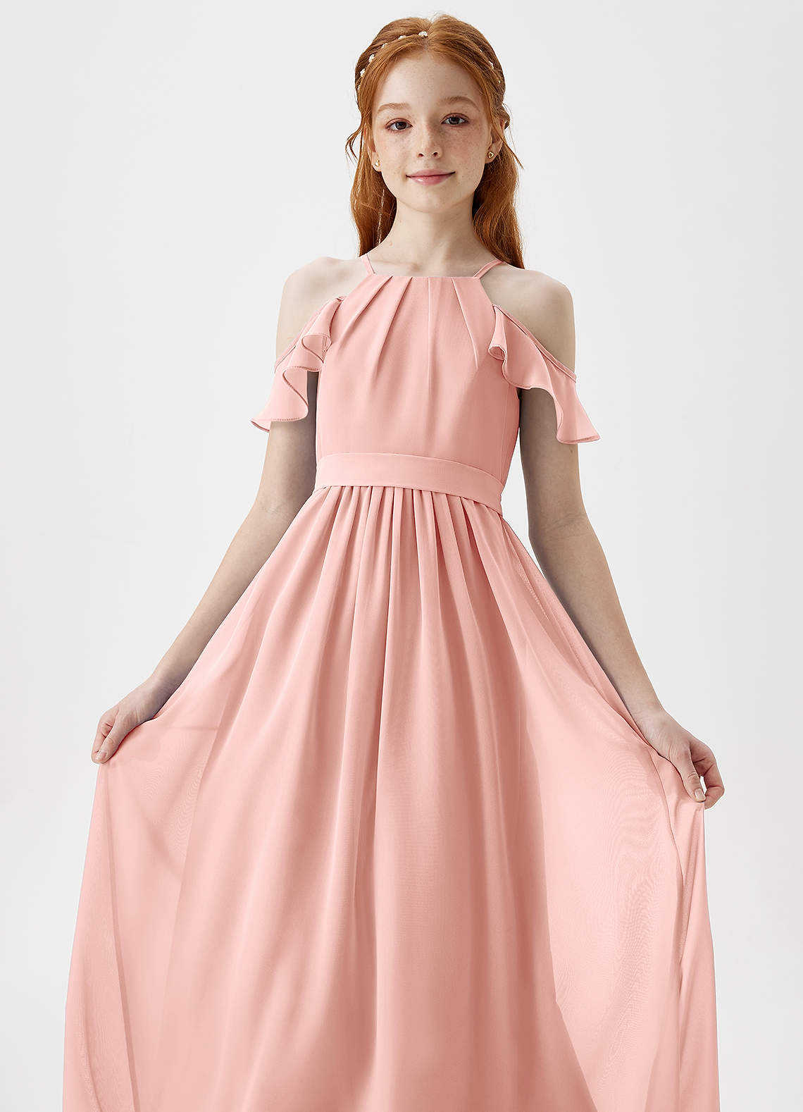 Azazie Chaya Junior Rosette A-Line Off the Shoulder Chiffon Dress image1