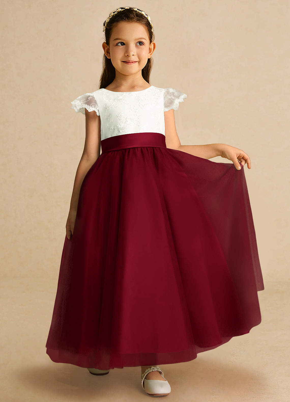 Azazie Pookie Flower Girl Dresses Burgundy A-Line Lace Tulle Dress image3