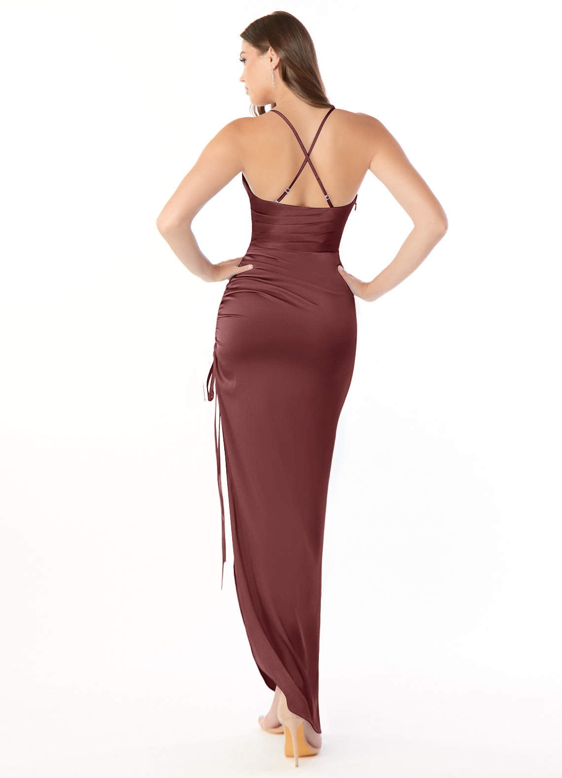 Azazie Reese Bridesmaid Dresses Sheath Pleated Stretch Satin Floor-Length Dress image1
