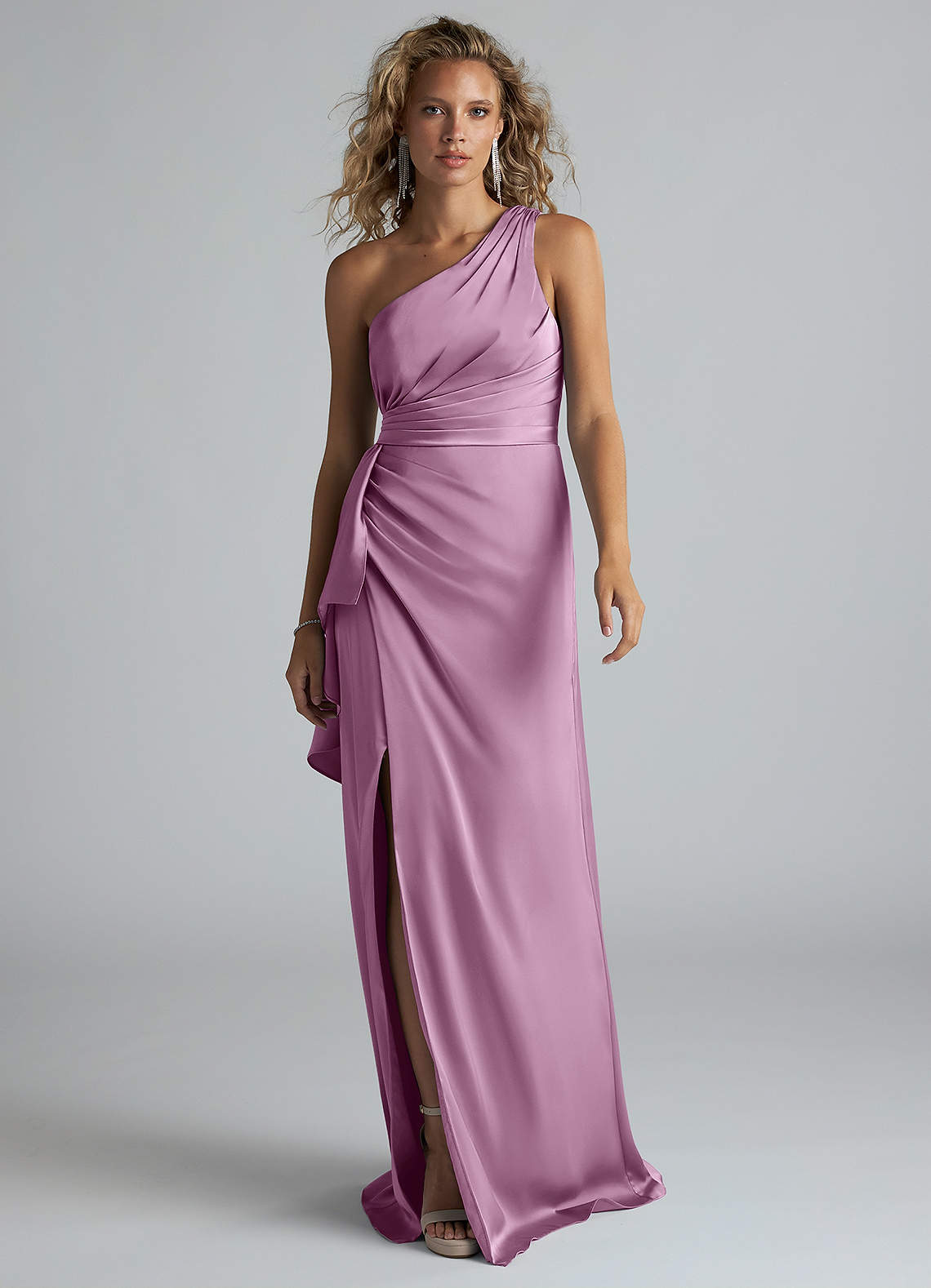 Azazie Maive Bridesmaid Dresses Wisteria Sheath Ruched Stretch Satin Dress image1