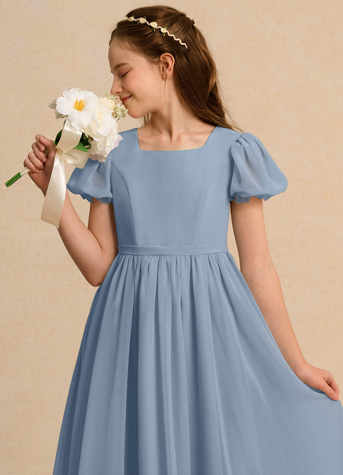 Azazie Lilia Girls Formal Flower Girl Dresses Dusty Blue A-Line with Sleeves Chiffon Dress image4