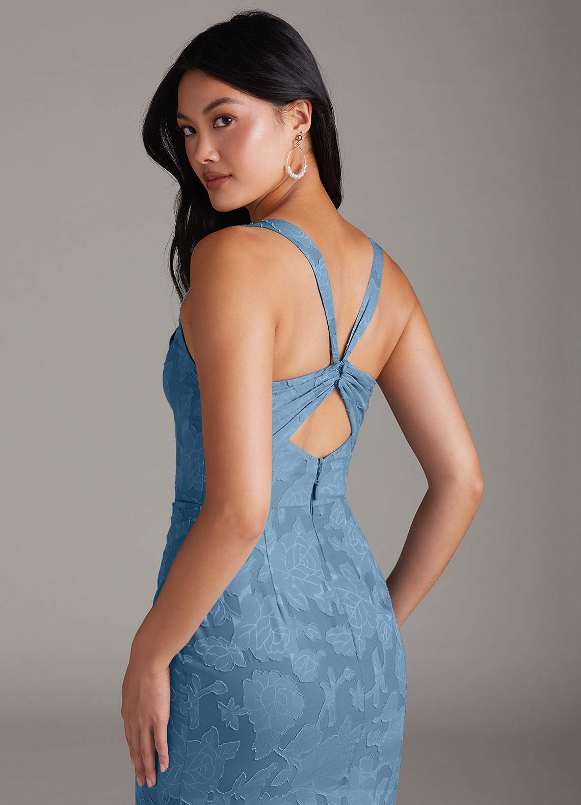 Azazie Mero Bridesmaid Dresses Steel Blue Sheath Pleated Floral Burnout Dress image4