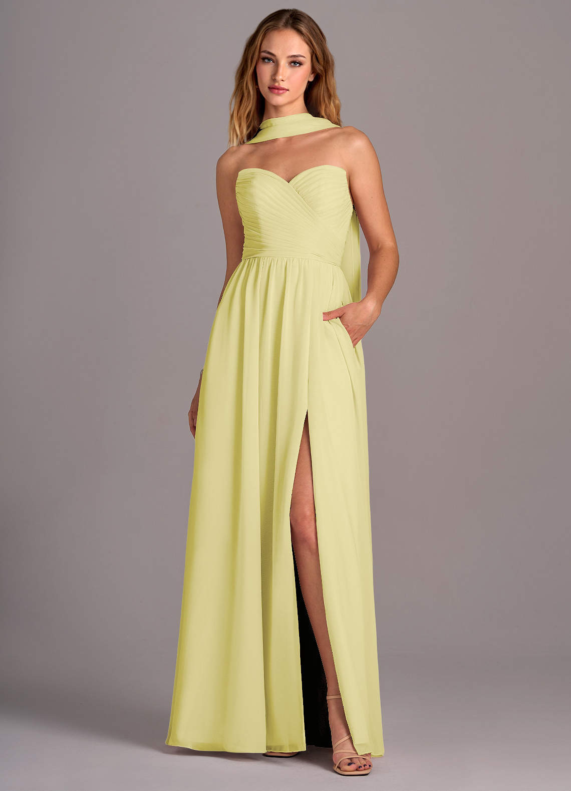 Azazie Joni Brautjungfernkleider Wandelbar A-Linie Schulterfrei Chiffon Kleid Zitronensorbet image1