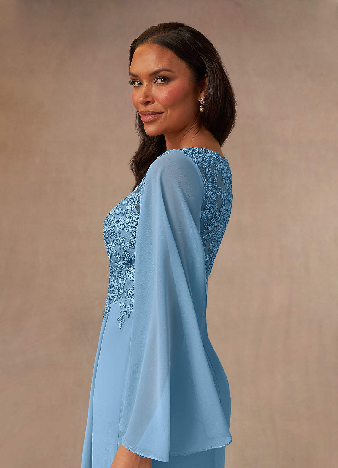 Azazie Perry Mother of the Bride Dresses Steel Blue Mermaid V-Neck Lace Chiffon Dress image4