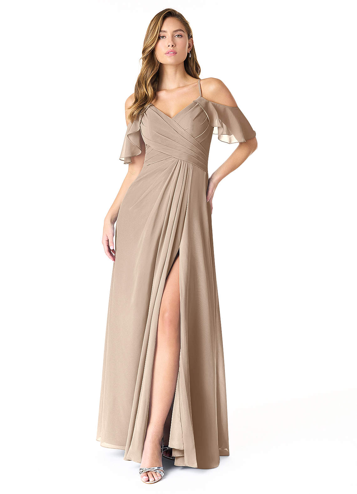 Azazie Dakota Bridesmaid Dresses Taupe A-Line V-Neck Pleated Chiffon Dress image1