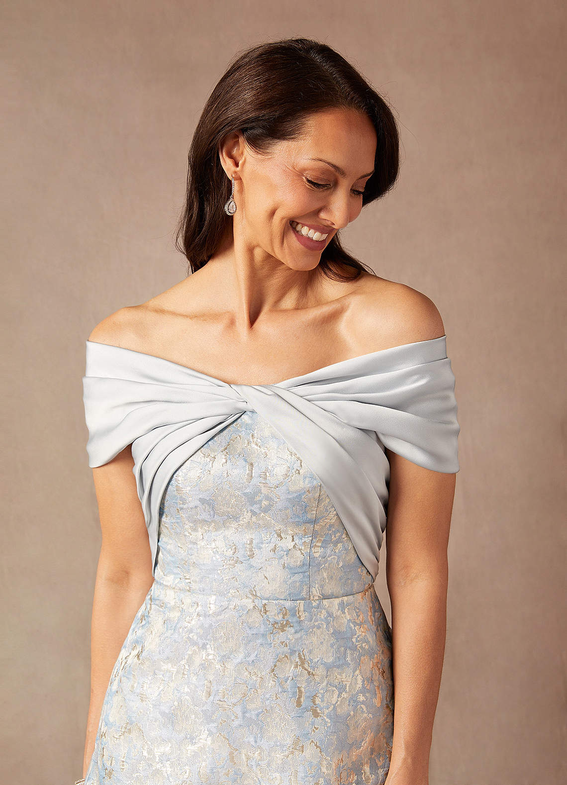 Azazie Amelia Mother of the Bride Dresses Dusty Blue A-Line Off the Shoulder Jacquard Dress image7