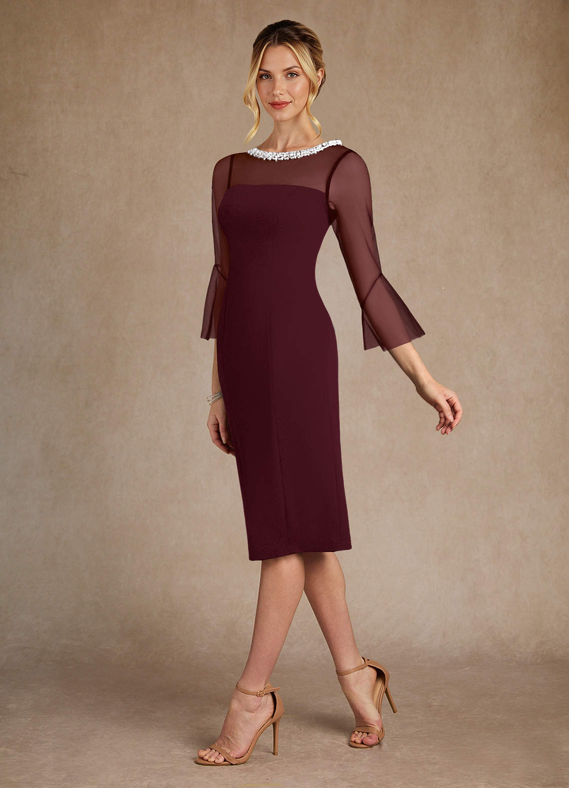 Azazie Bellevue Abiti per la Madre della Sposa Abito Tubino in Crepe Elasticizzato Perline Cabernet image4