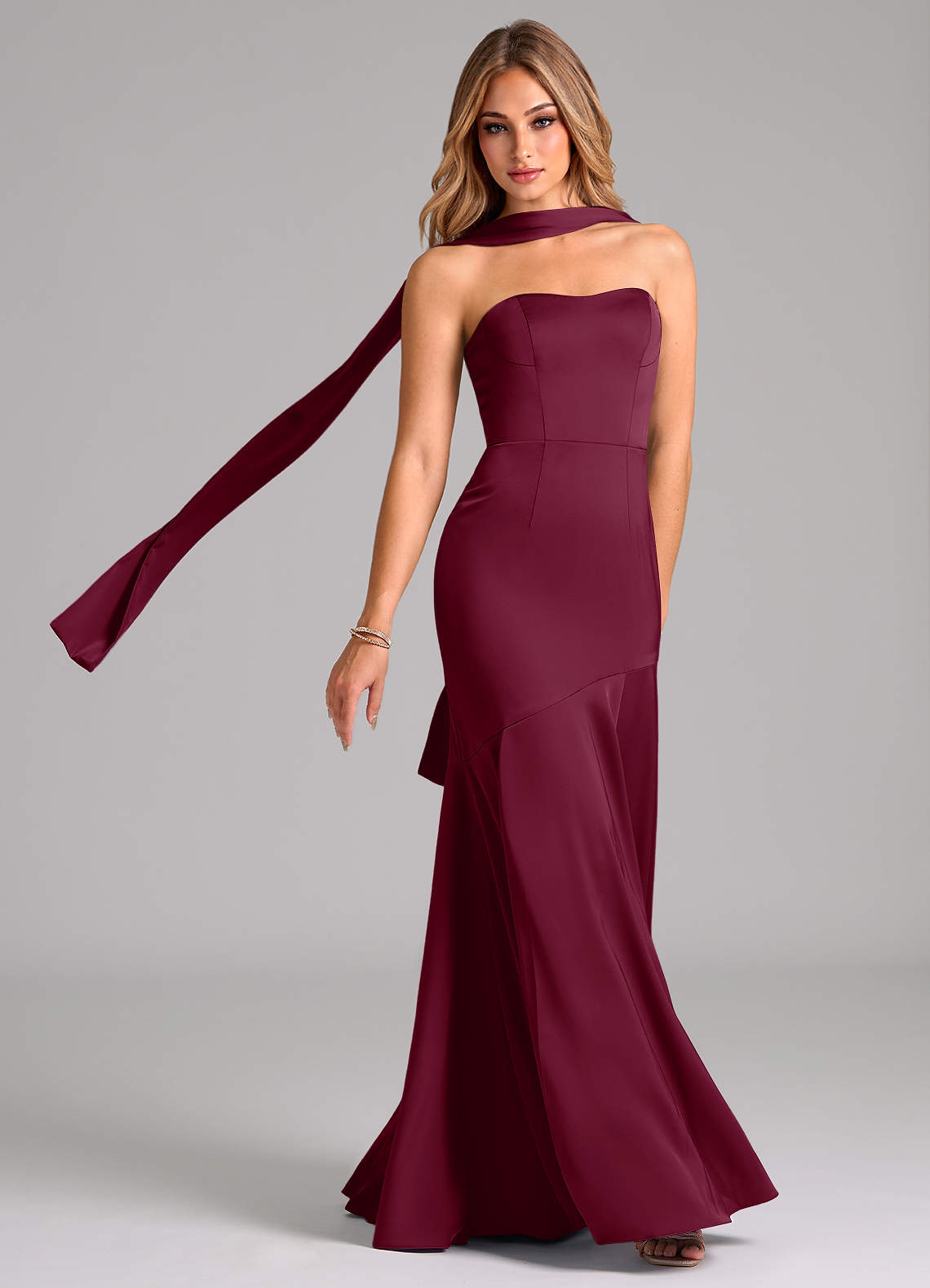 Azazie Shiloh Bridesmaid Dresses Mulberry Mermaid Strapless Stretch Satin Convertible Dress image1