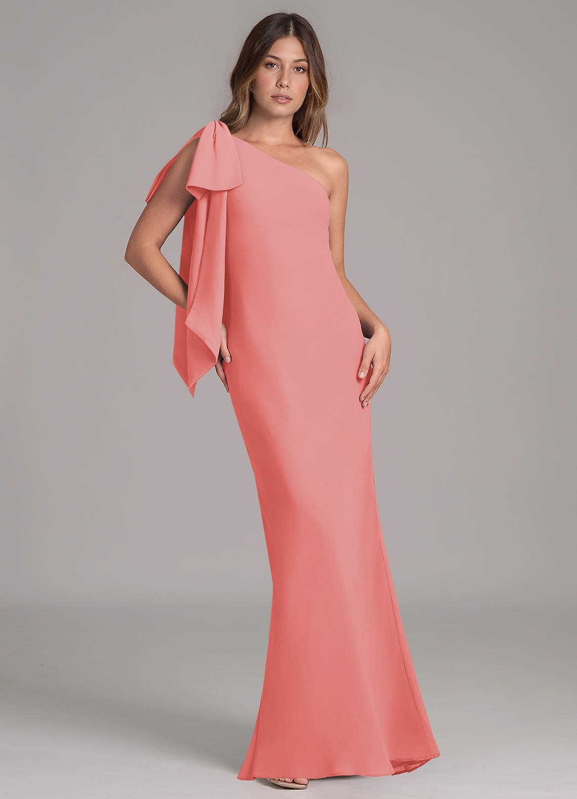 Azazie Capri Bridesmaid Dresses Coral A-Line One Shoulder Chiffon Dress image1