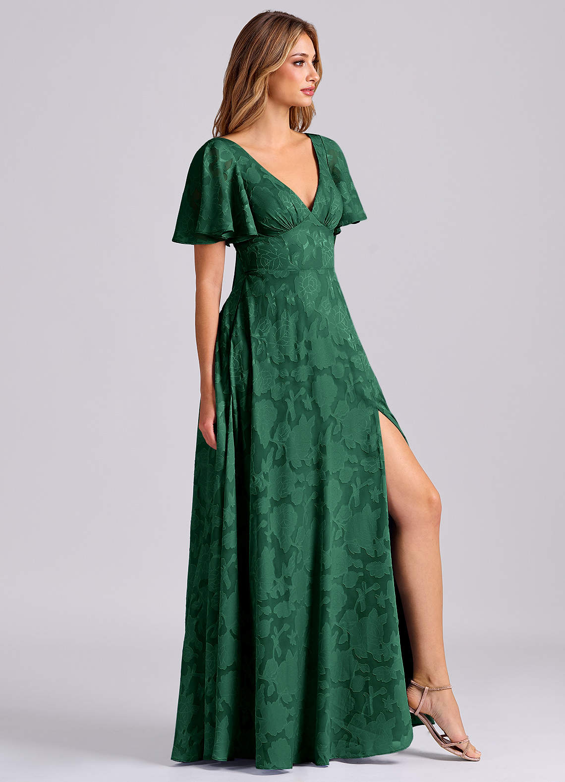 Azazie Kimber Bridesmaid Dresses Dark Green A-Line with Pockets Floral Burnout Dress image3