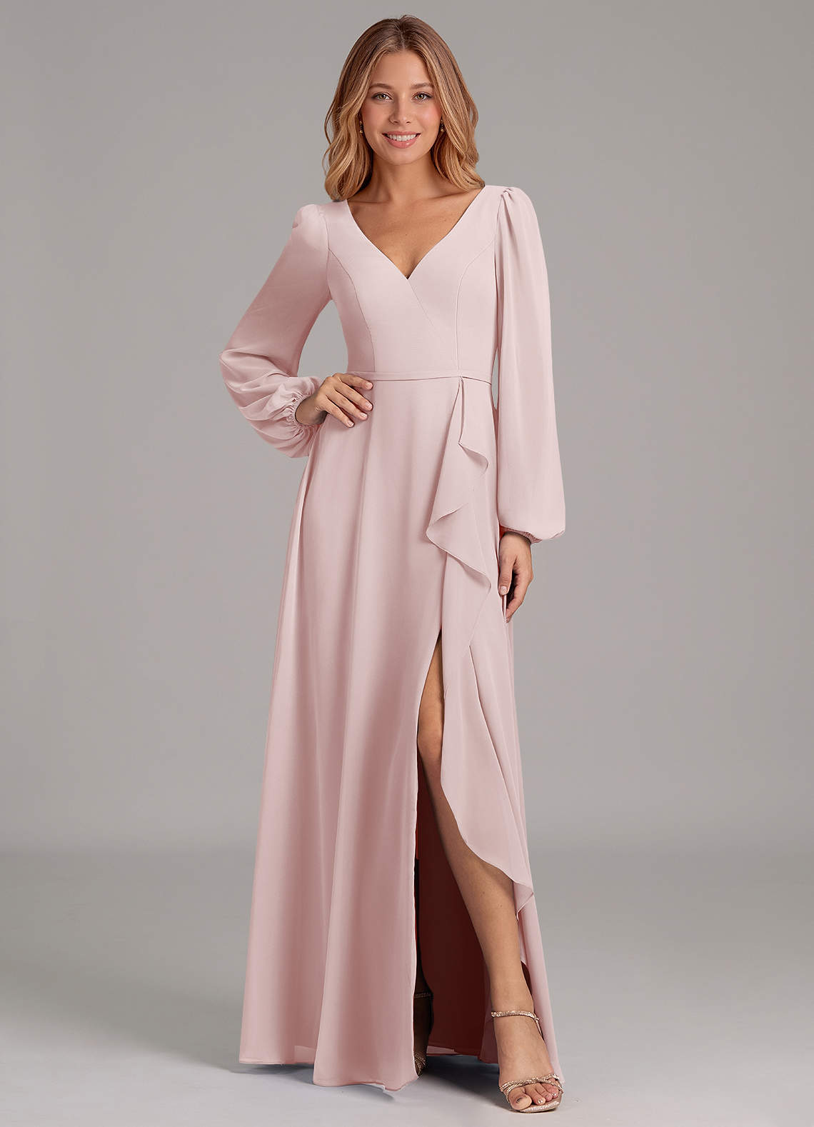 Azazie Simone Abiti da Damigella Abito A-Line in Chiffon Manica Lunga Rosa Rossore image1