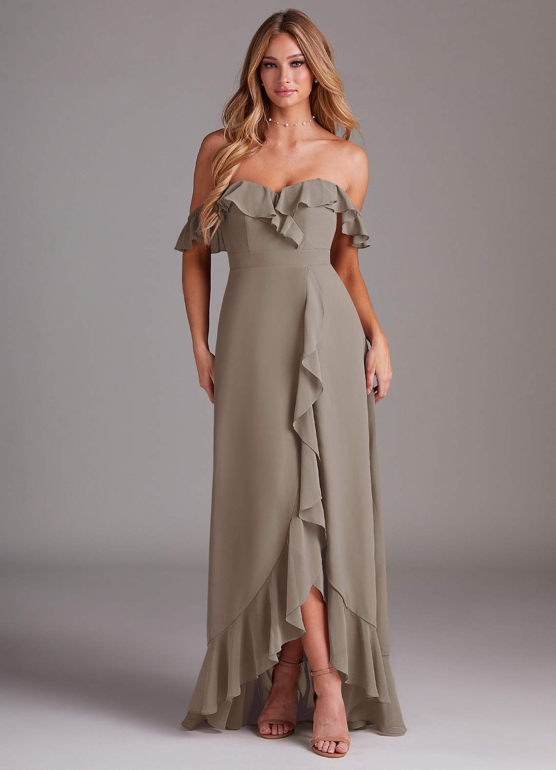 Azazie Lyra Bridesmaid Dresses Taupe A-Line Chiffon Convertible Dress image1