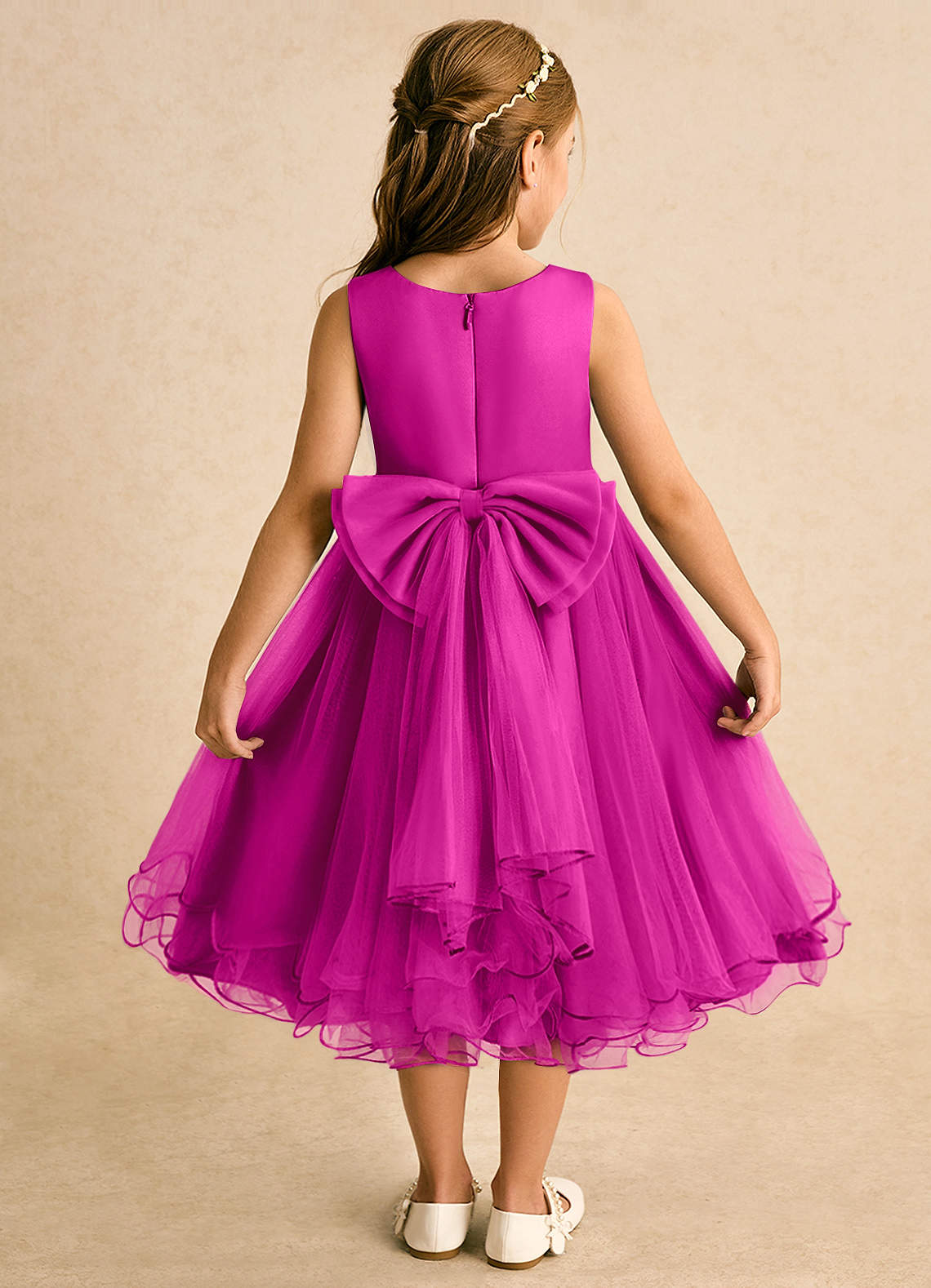 Azazie Lass vestidos de niña de las flores Vestido de Fucsia de Tul de Corte En A con Lazo image1