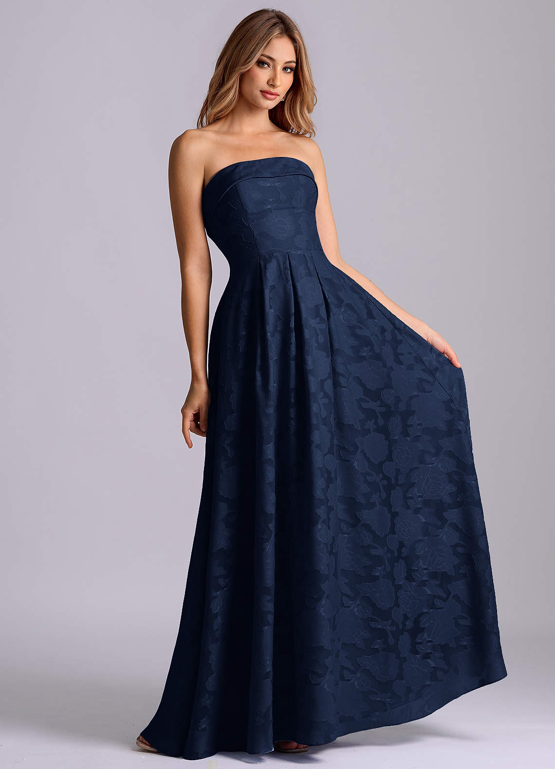 Azazie Lucienne Bridesmaid Dresses Dark Navy A-Line Strapless Floral Burnout Dress image3