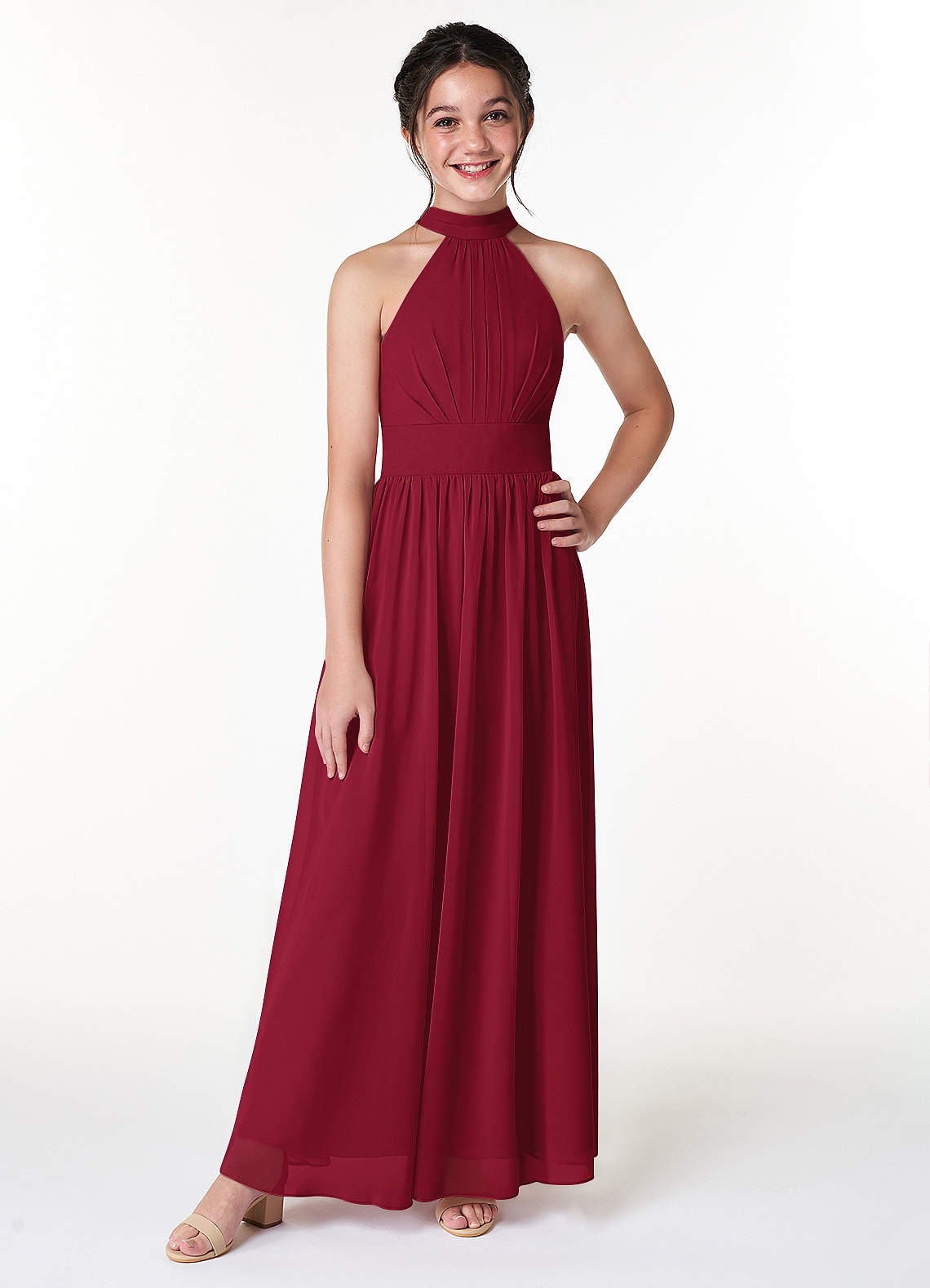 Azazie Iman Junior Vestido Borgonha de Chiffon de Linha A com Plissado image3