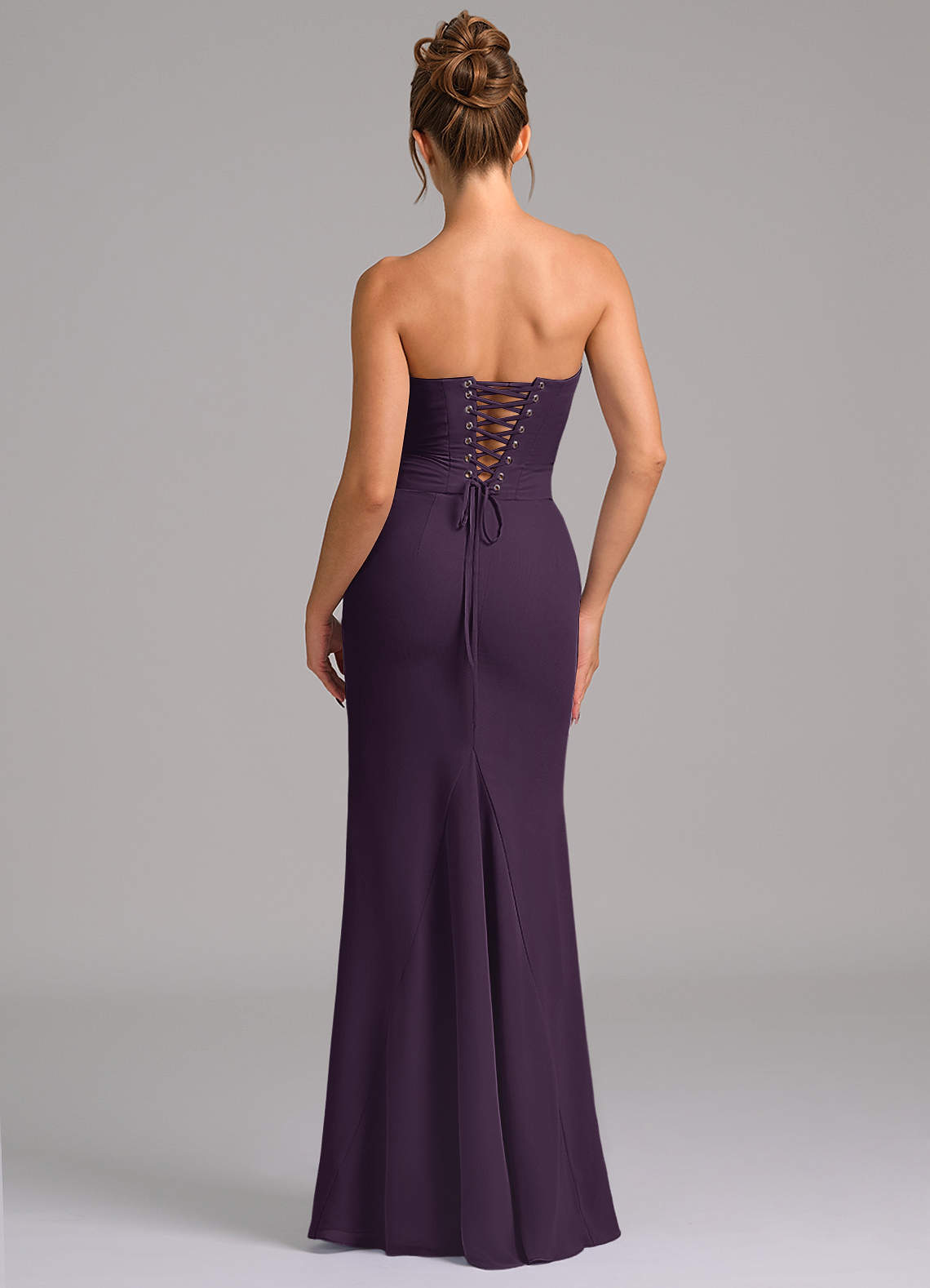 Azazie Sorrel Vestidos de damas de honor Vestido de Ciruela de Gasa de Corte Sirena con Corsé image1