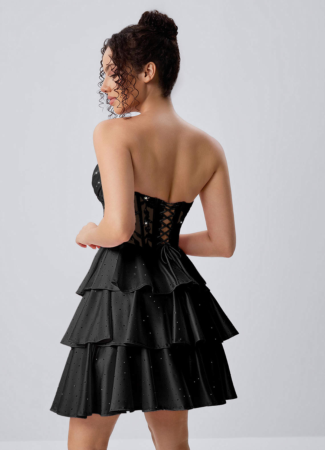 Maude Black Strapless Floral Lace Corset Tiered Satin Mini Dress