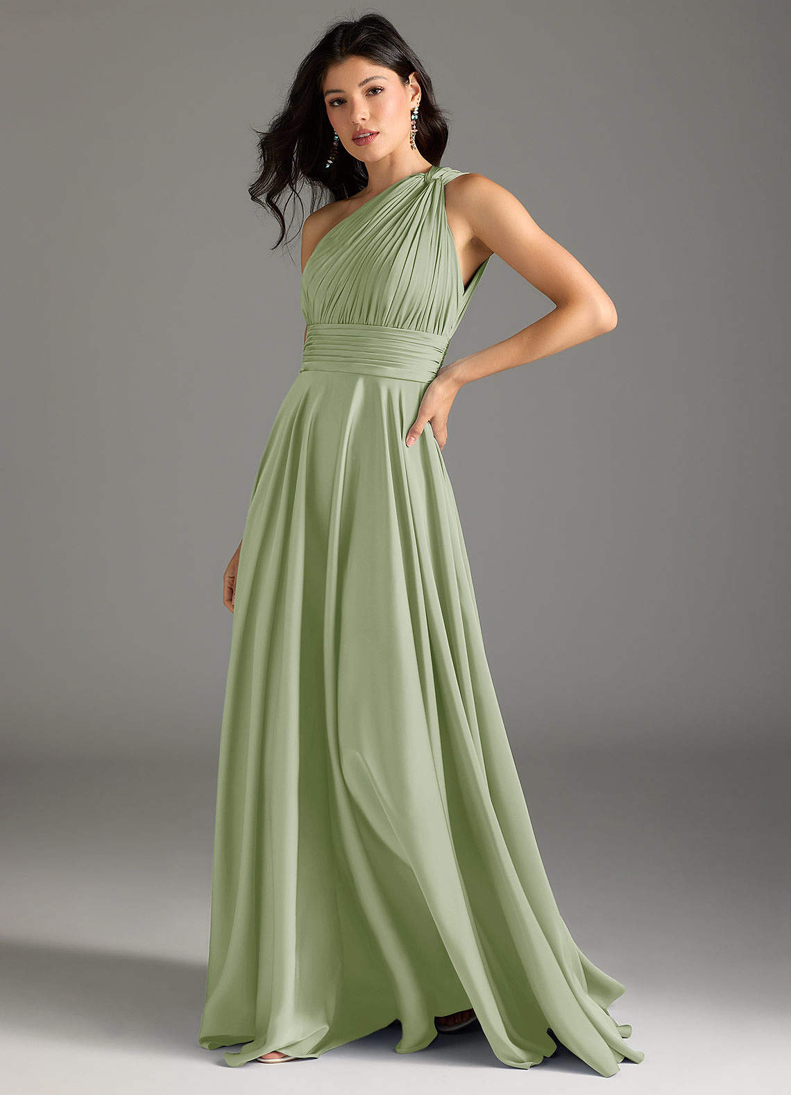 Azazie Charlize Bridesmaid Dresses Dusty Sage A-Line One Shoulder Stretch Satin Dress image3