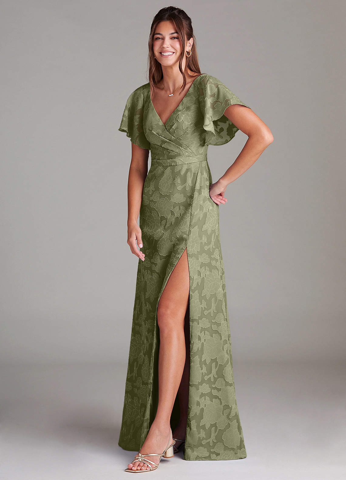 Azazie Ambrosia Essayer des robes à la maison Robe Trapèze en Blumen-Burnout Plissée Bleu Poussiéreux image3