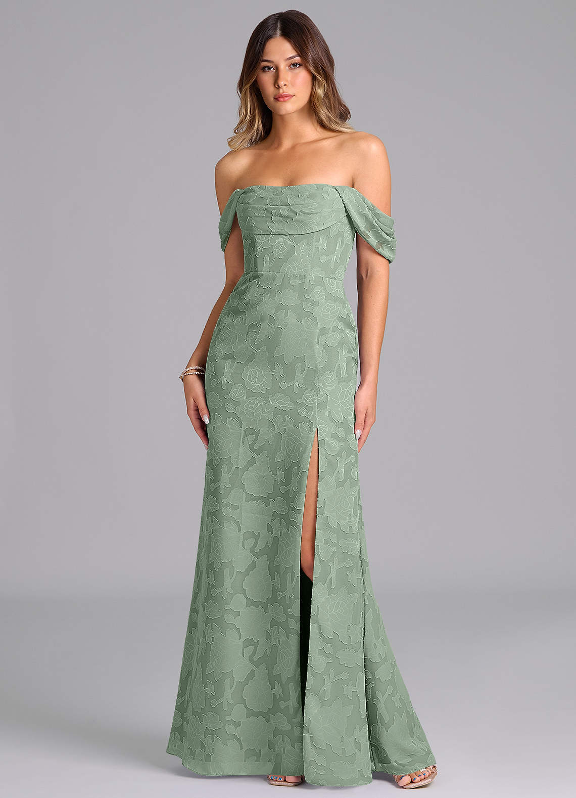 Azazie Saige Bridesmaid Dresses Matcha A-Line Off the Shoulder Floral Burnout Convertible Dress image1