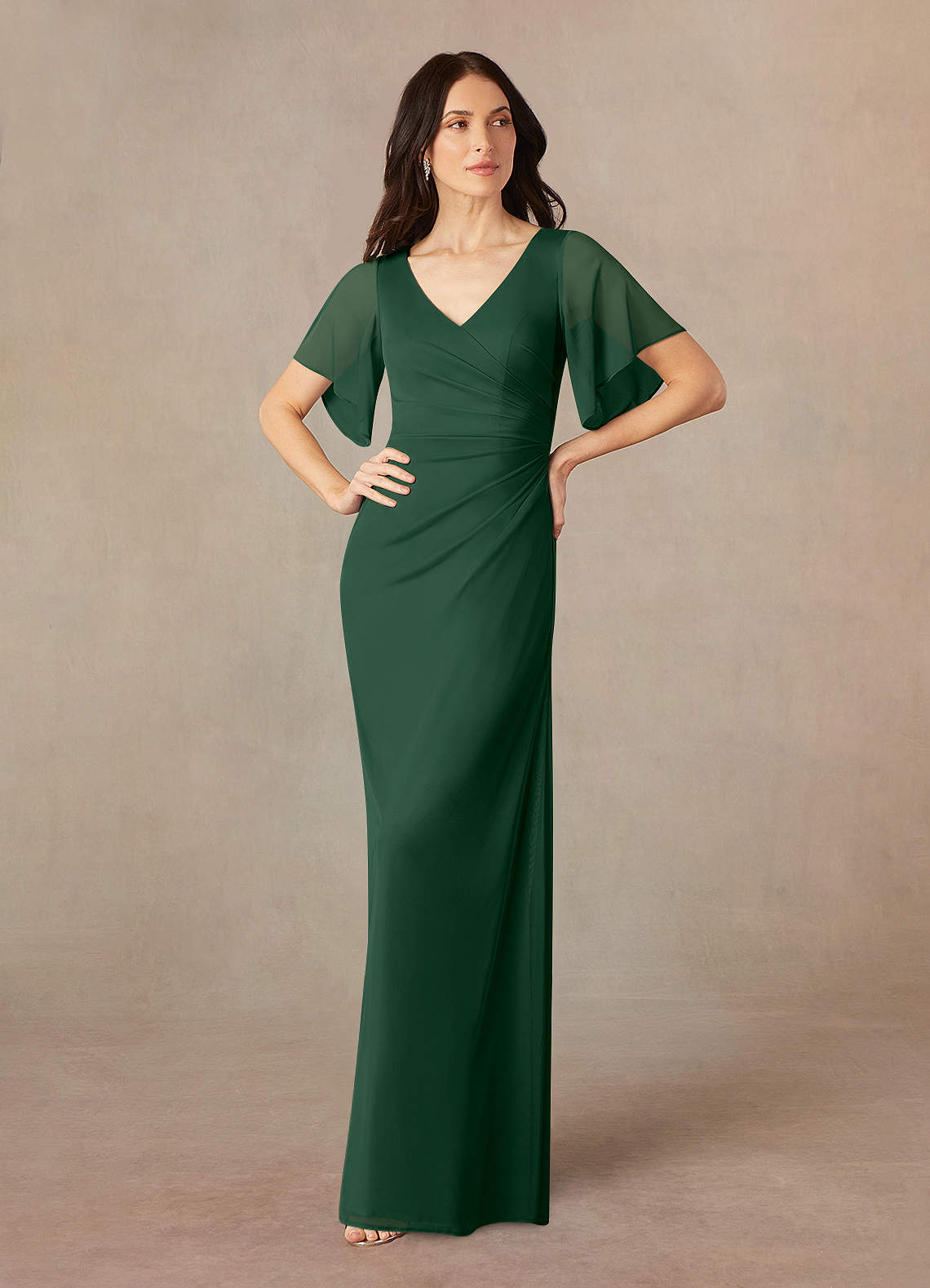 Azazie Selah Mère de la mariée Robes Robe Trapèze en Maille Col en V froncé Vert Foncé image1