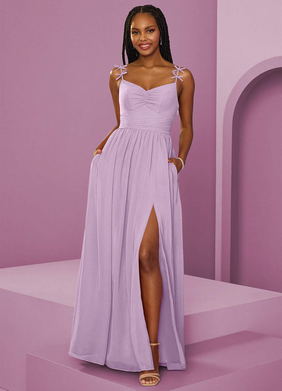 Barbie ♥ Azazie Robes de demoiselle d'honneur Robe Trapèze en Mousseline de soie Plissée Frostiges Flieder image1