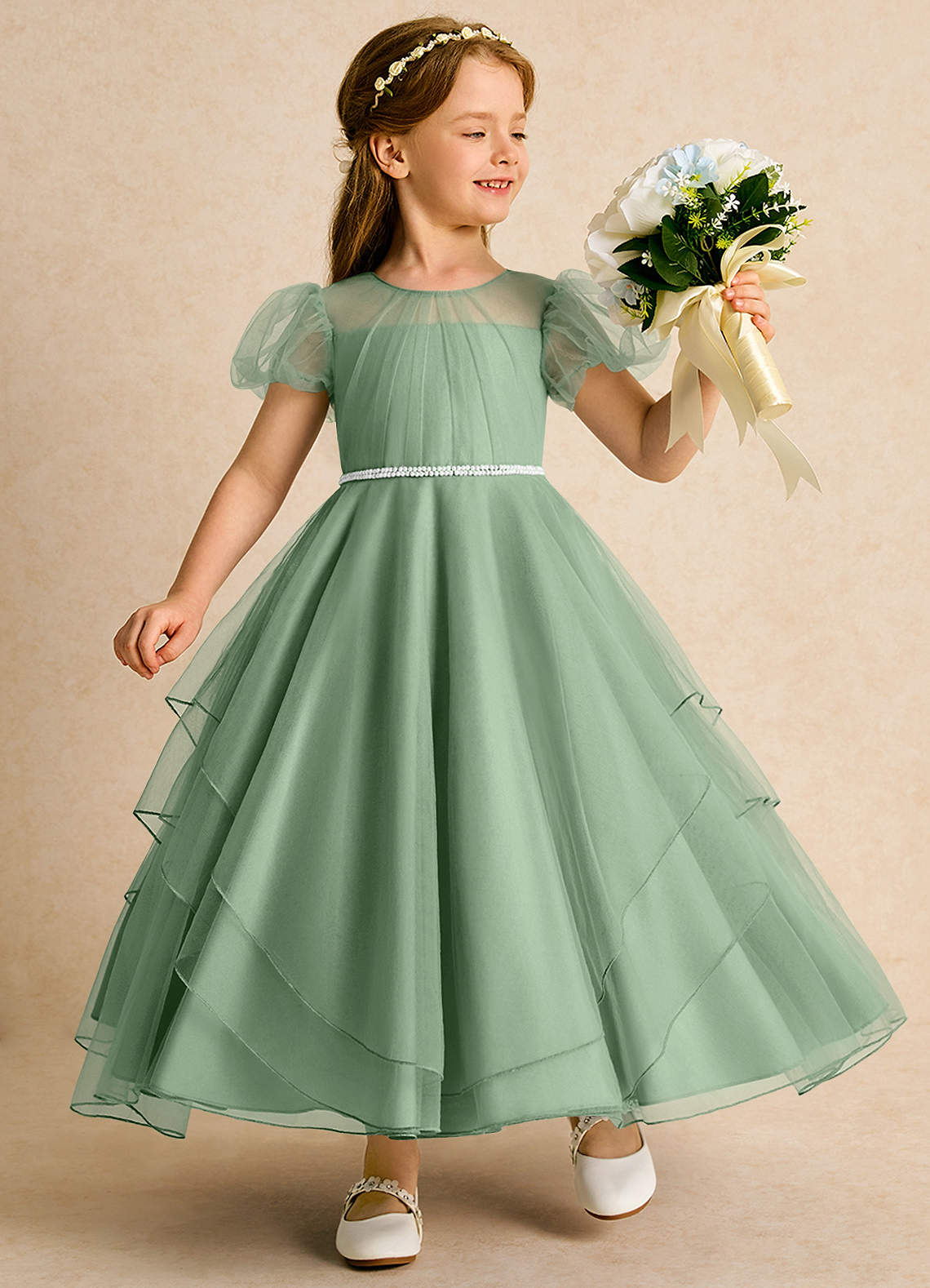 Azazie Duckie Abiti da Ragazza di Fiori Abito Principessa in Tulle Plissettato Matcha image1