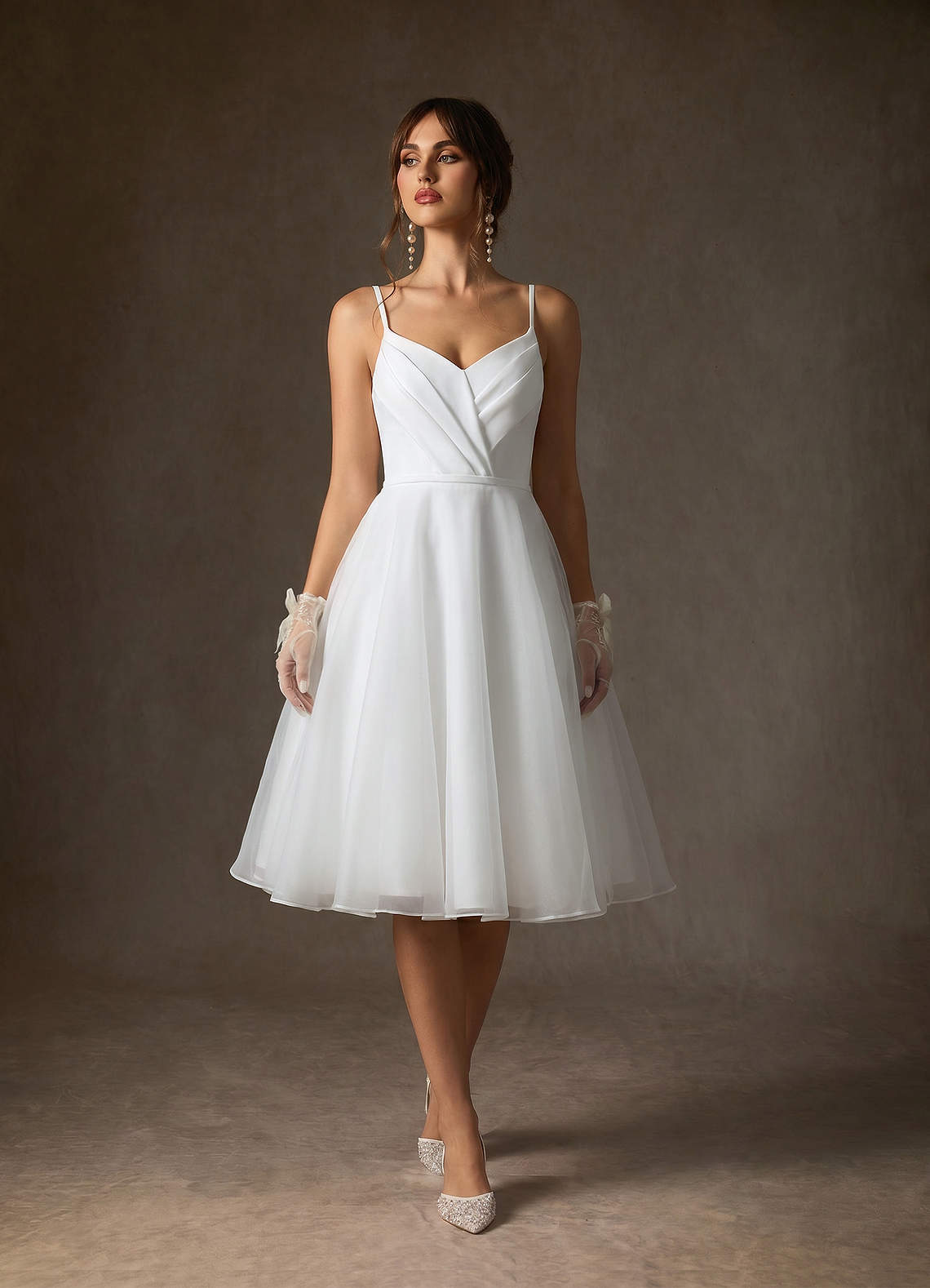 Azazie Ardea Diamond White A-Line V-Neck Pleated Stretch Crepe