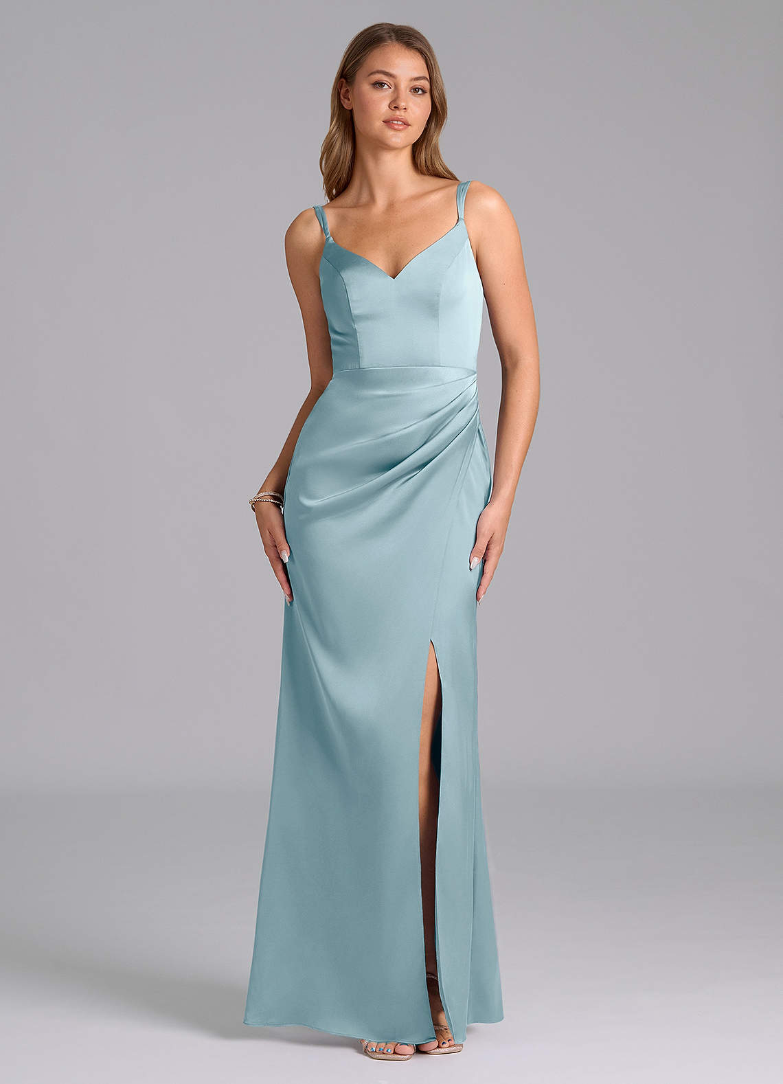 Azazie Leo Bridesmaid Dresses Moody Blue Sheath Pleated Stretch Satin Dress image1