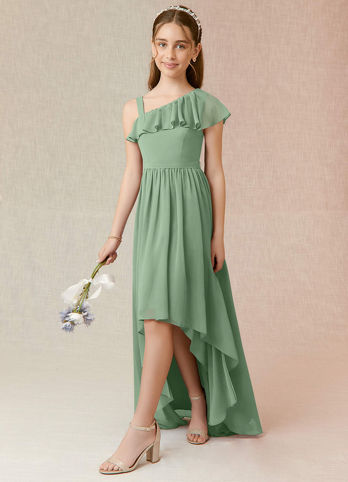 Azazie Mango Junior Robe Trapèze en Mousseline de soie Rayé Matcha image2