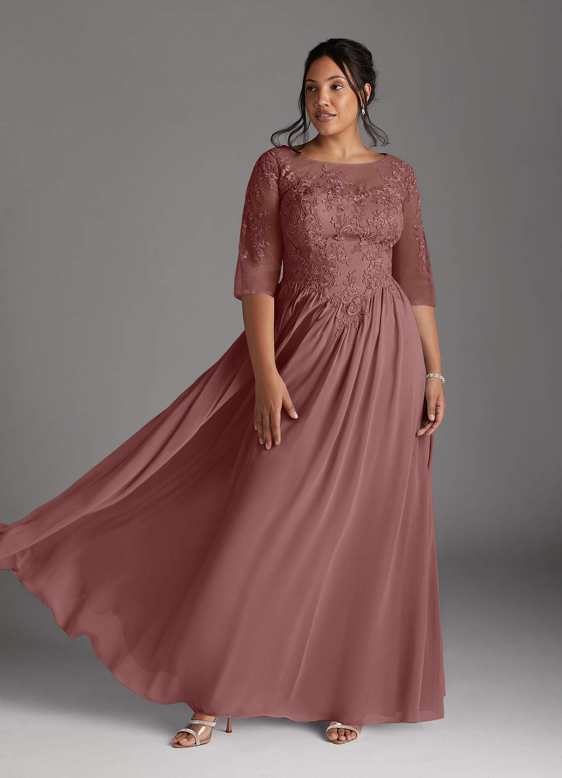 Azazie Mirielle vestidos de madre de la novia Vestido de Rosa Del Desierto de Gasa de Corte En A con Encaje Scoop image6