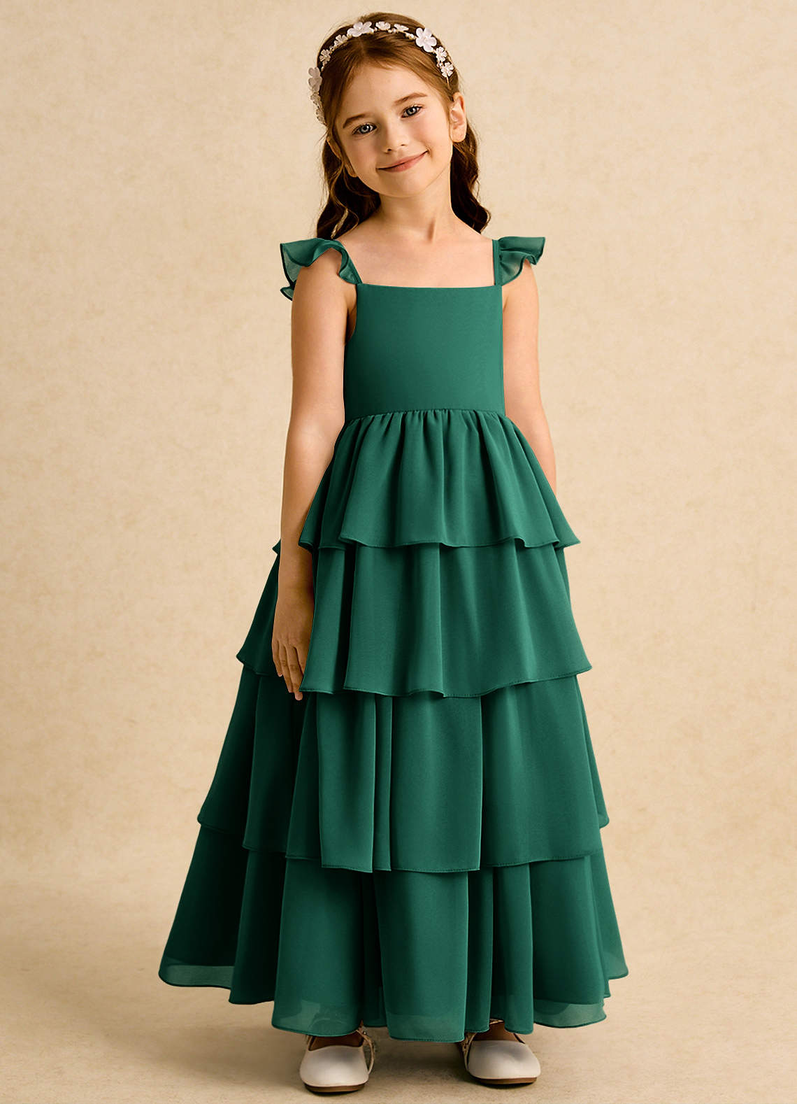 Azazie Boba Blumenmädchenkleider A-Linie Rechteckiger Ausschnitt Chiffon Kleid Smaragd image1