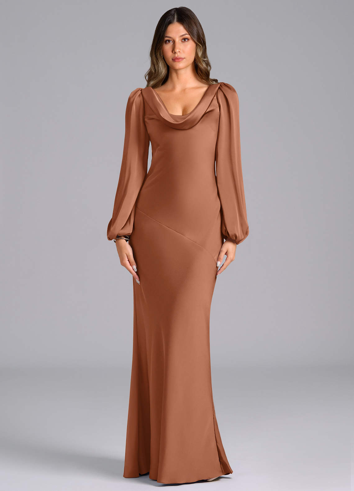 Azazie Rylina Bridesmaid Dresses Bronzer Mermaid Long Sleeve Stretch Satin Dress image1