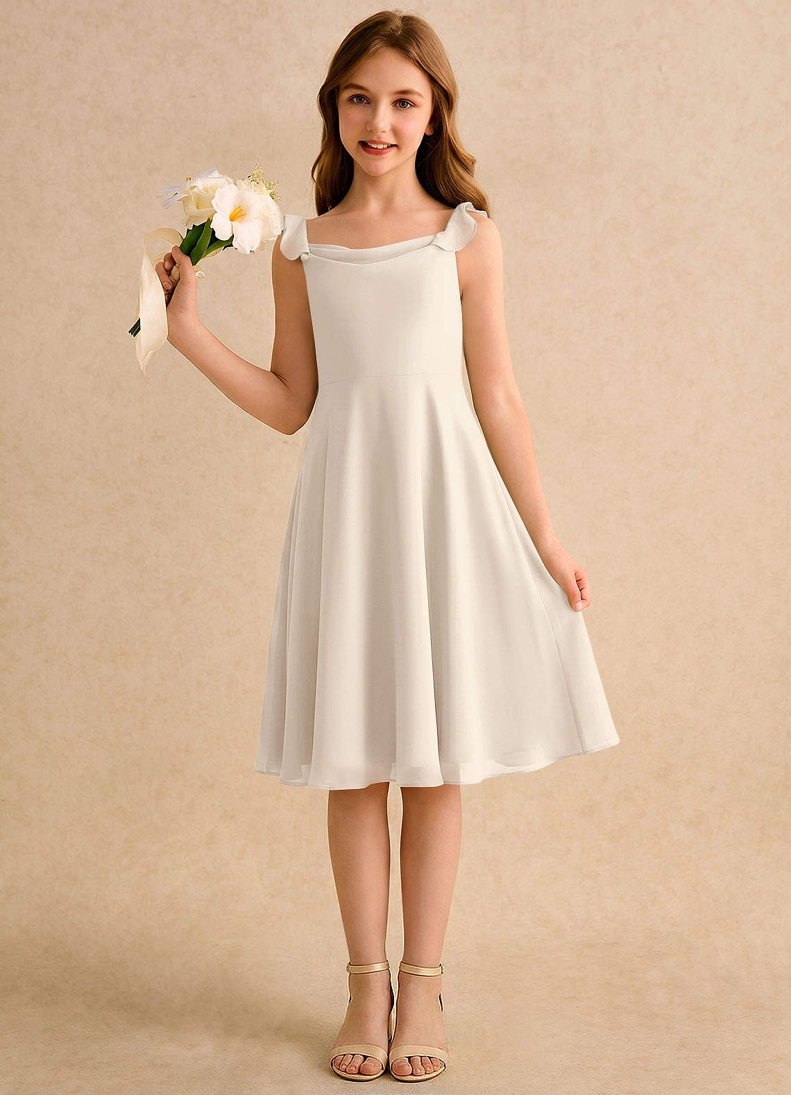 white chiffon knee length dress Azazie Pup Girls Formal Alabaster A-Line Pleated classy graduation white knee length dress