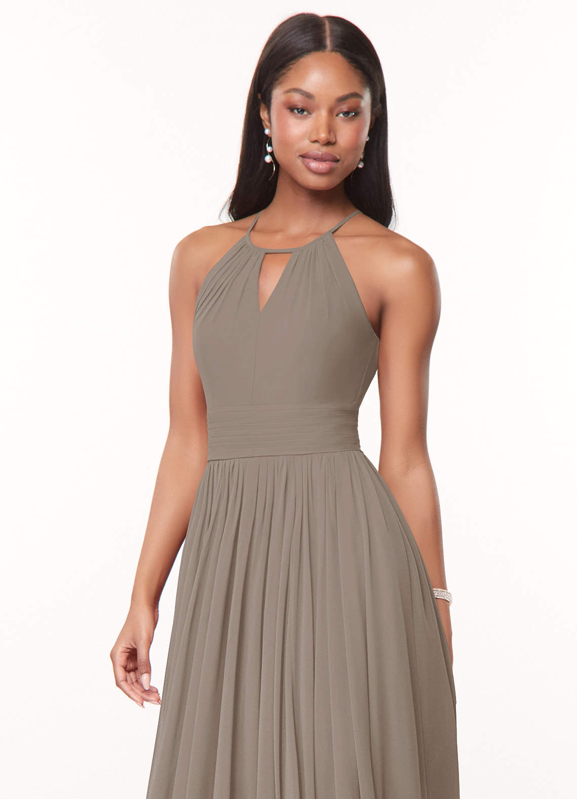 Azazie Cherish Bridesmaid Dresses Taupe A-Line Pleated Chiffon Dress image1