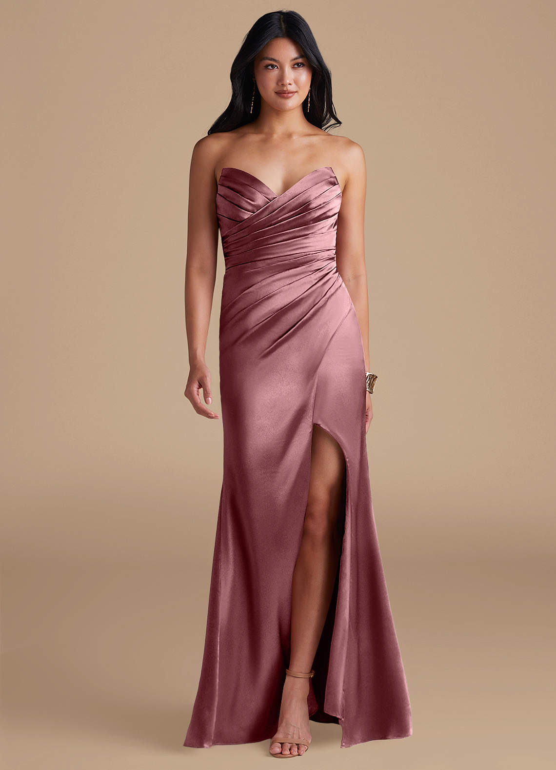 Azazie Yola Bridesmaid Dresses Vintage Mauve Sheath Pleated Metallic Satin Dress image1