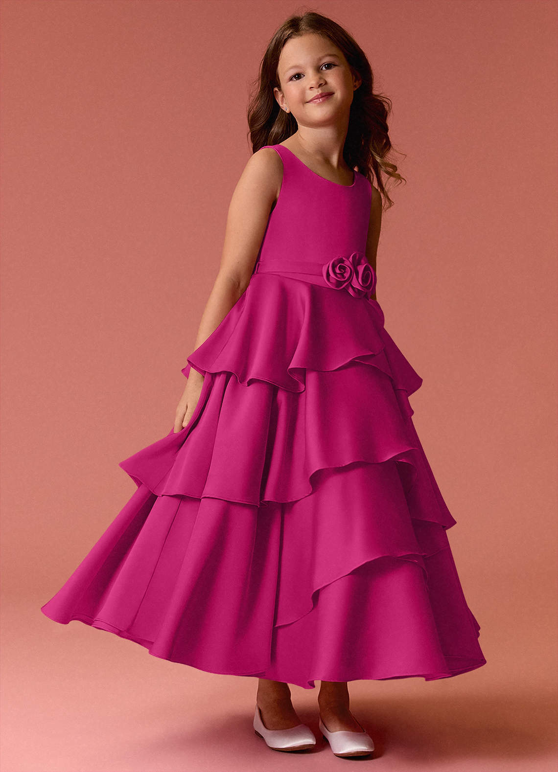 Barbie ♥ Azazie Flower Girl Dresses Scoop Floral Belt Tier Stretch Satin A-Line Dress image2