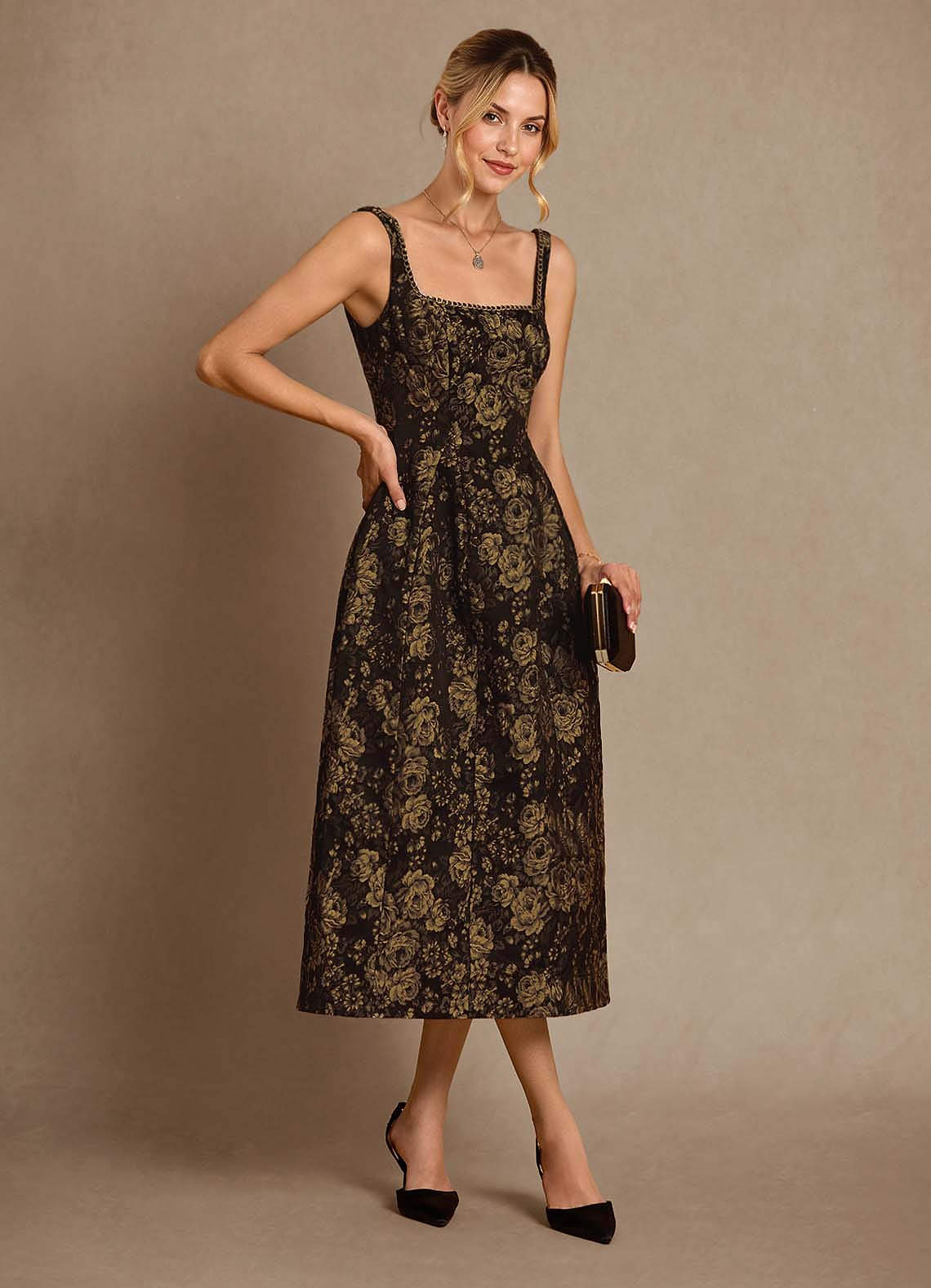 Azazie Auster vestidos de madre de la novia Vestido de Oro Negro de Jacquard de Corte En A con Con bolsillos image5
