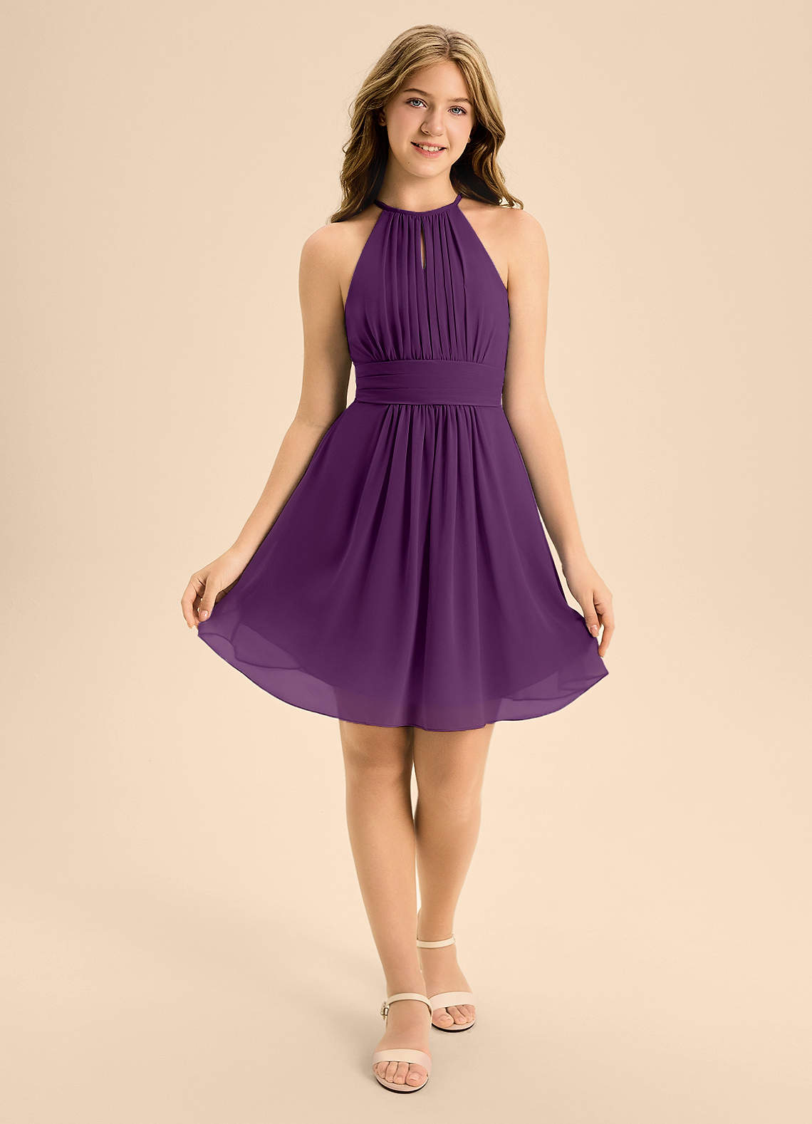 Azazie Bonnie Junior Grape A-Line Pleated Chiffon Dress image1