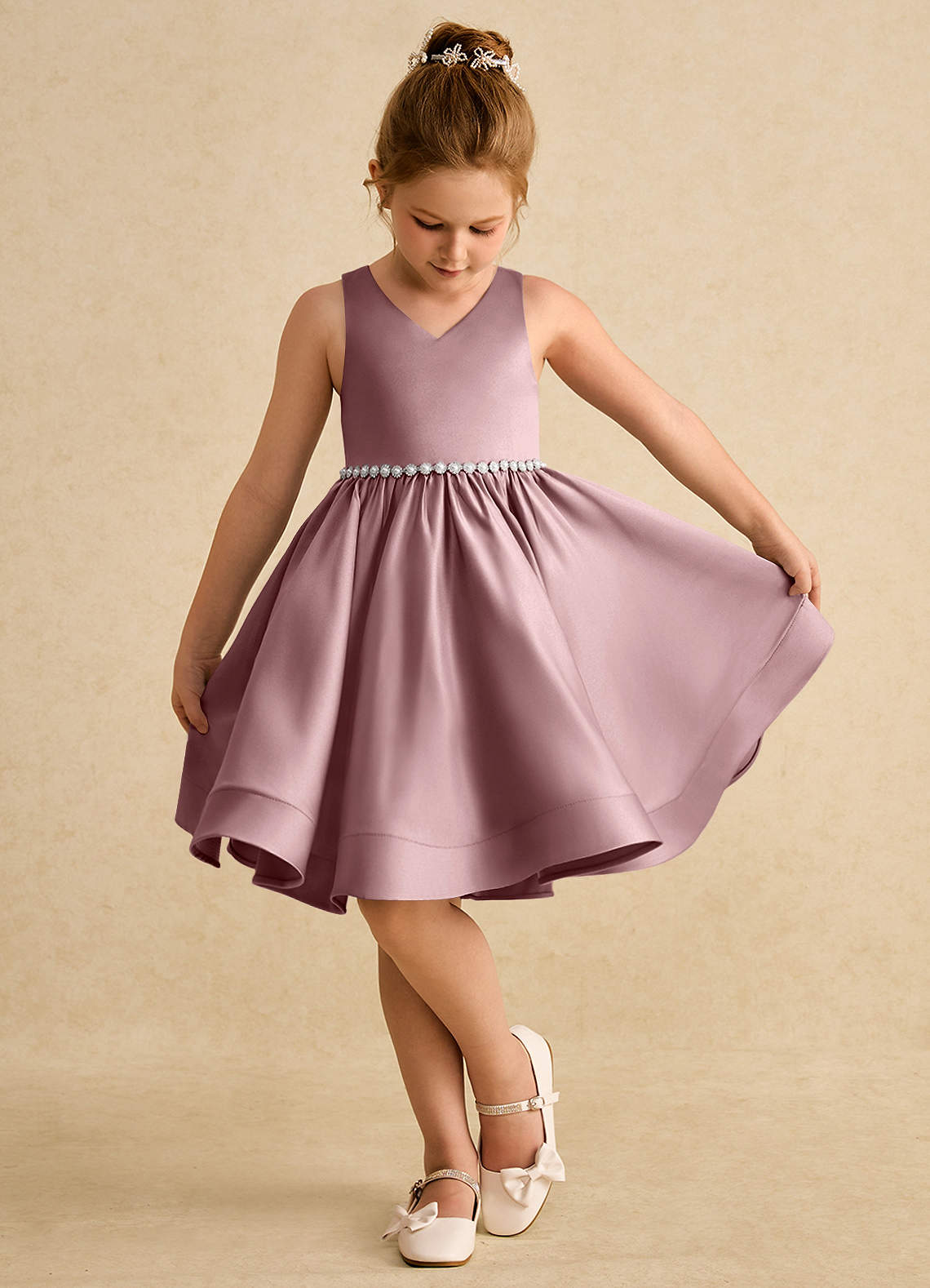 Azazie Julietta Robe Demoiselle D'honneur Fillette Robe Princesse en Tulle Convertible Rose Poussiéreuse image3