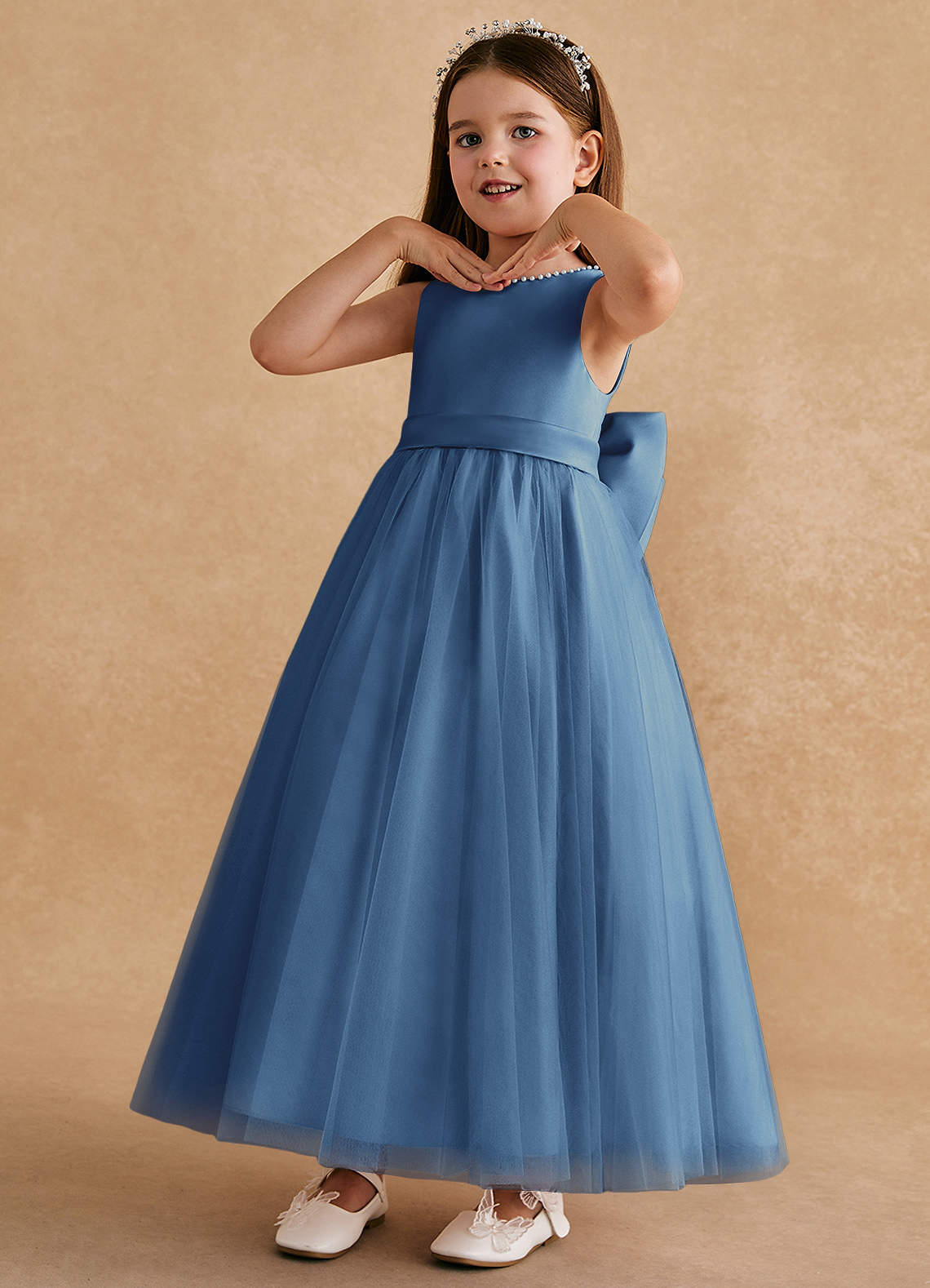 Azazie Cookie Flower Girl Dresses Steel Blue A-Line Bow Tulle Dress image3