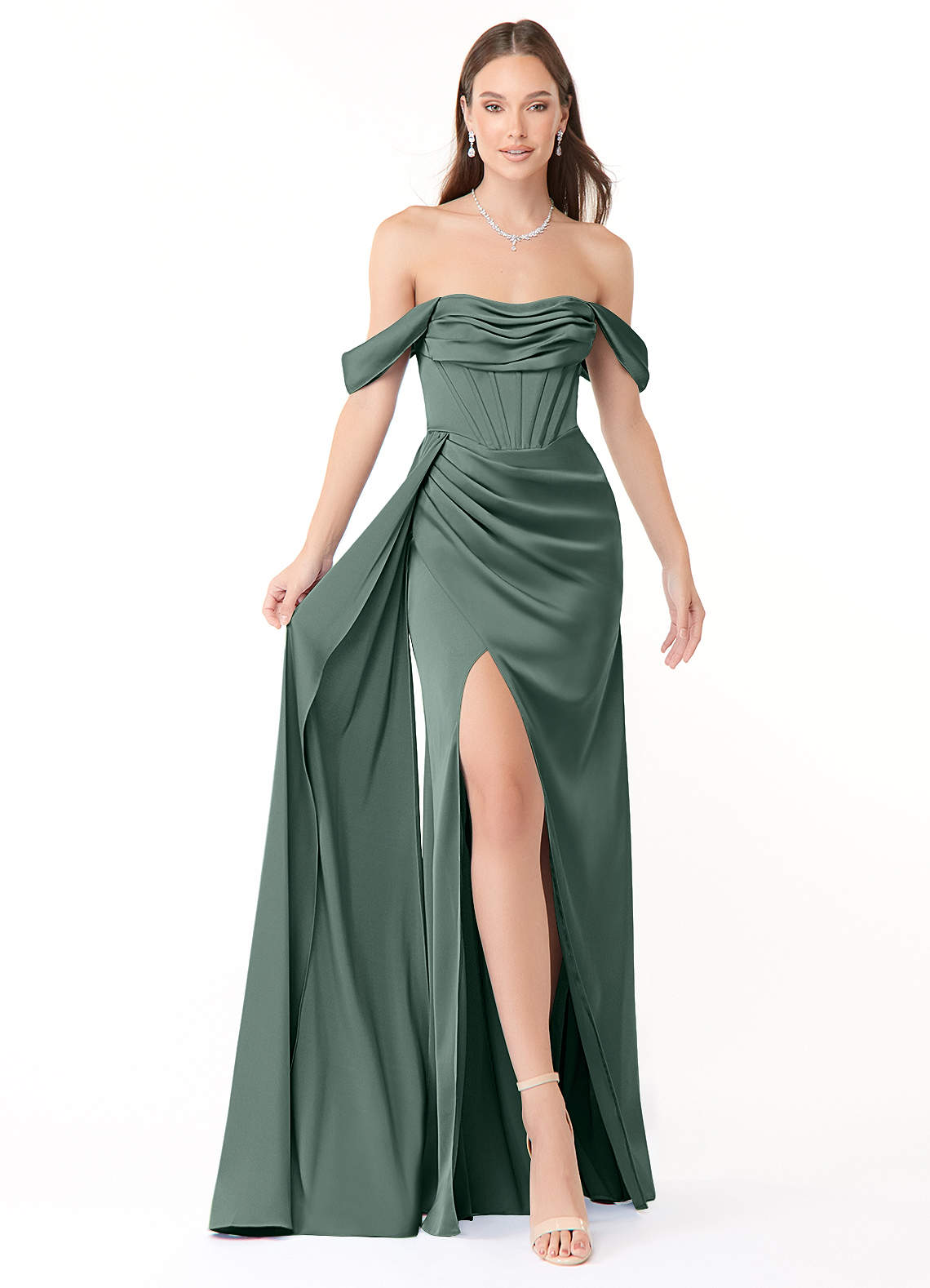 Azazie Amyra Bridesmaid Dresses Sea Moss Sheath Off the Shoulder Stretch Satin Convertible Dress image1