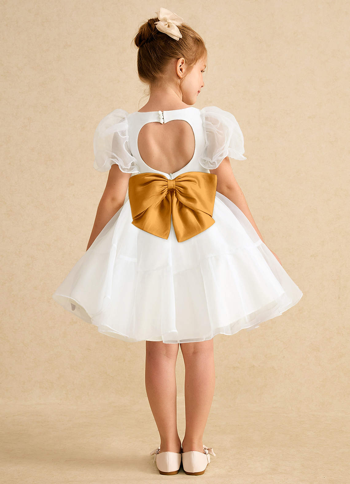 Azazie Debbie Flower Girl Dresses Ivory Butterscotch Ball-Gown Sweetheart Neckline Organza Dress image1