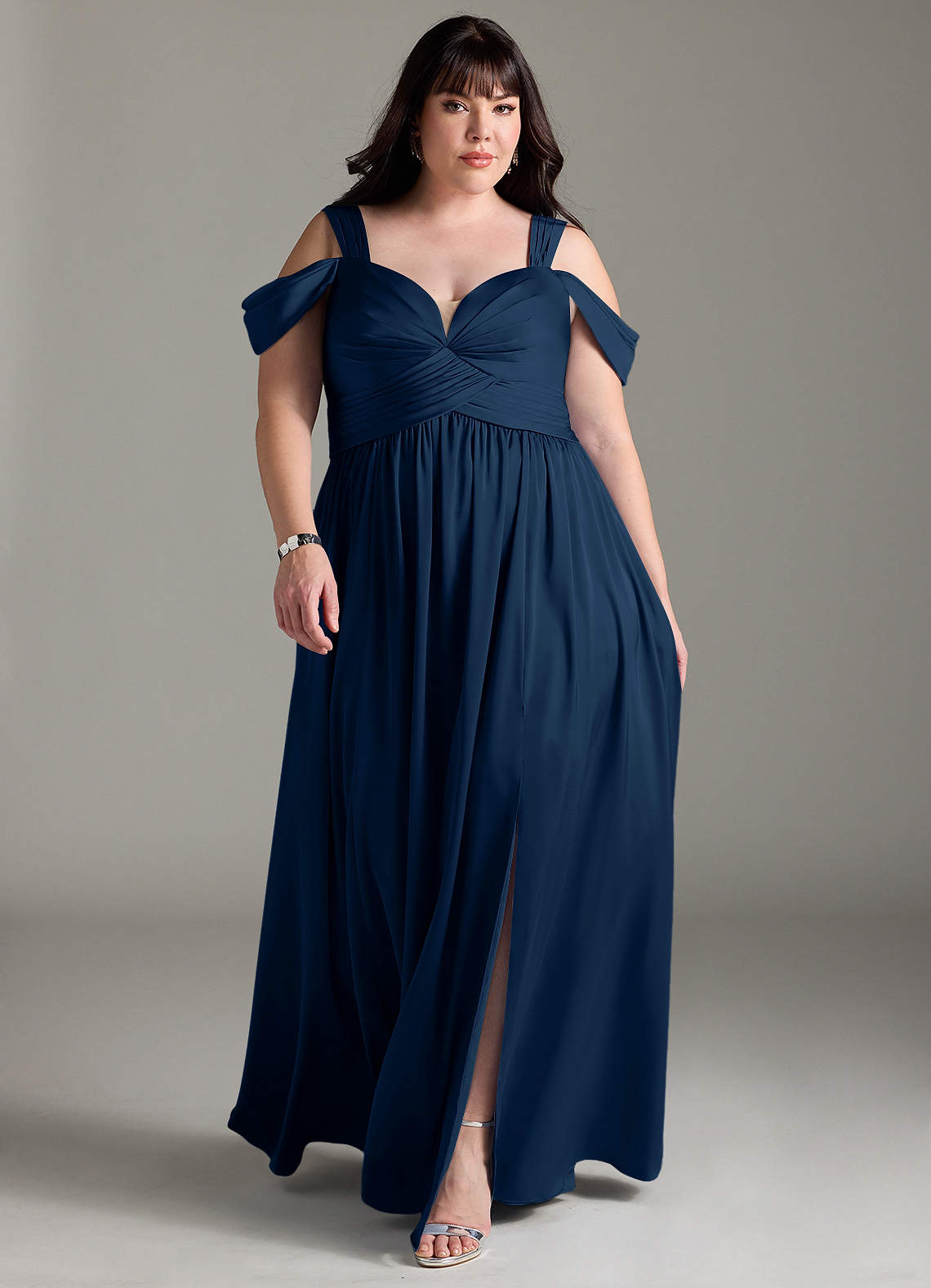 Azazie Lianne Bridesmaid Dresses Dark Navy A-Line Off the Shoulder Stretch Satin Dress image1