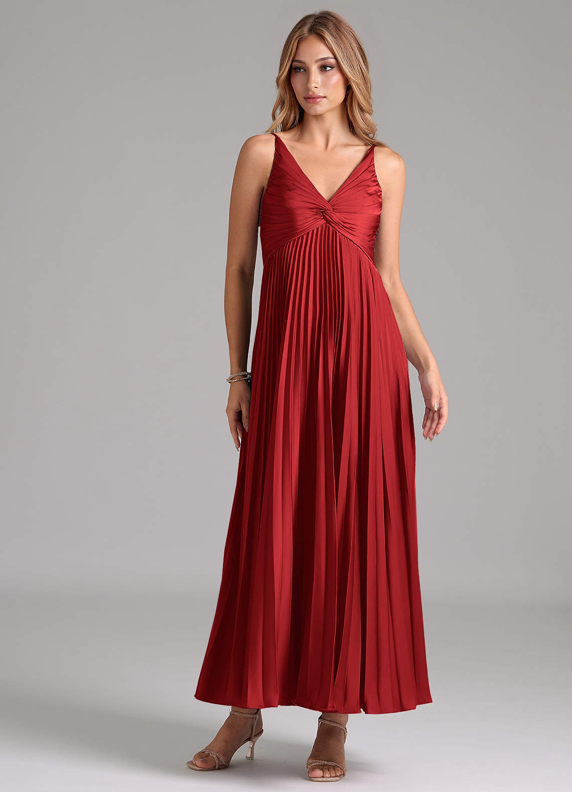 Azazie Raychelle Bridesmaid Dresses Pomegranate A-Line Pleated Stretch Satin Dress image1