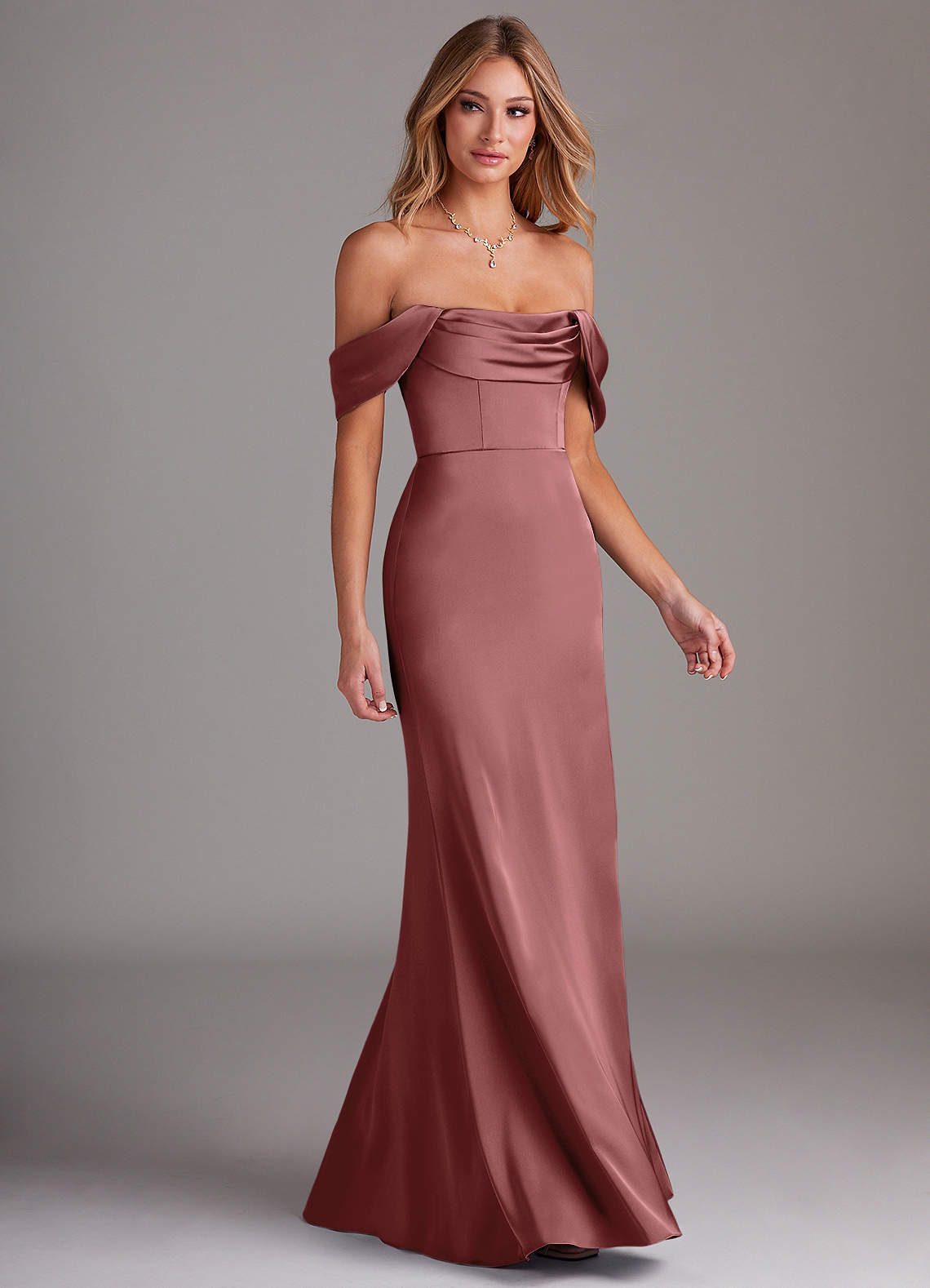 Azazie Saige Bridesmaid Dresses Amethyst Sheath Off the Shoulder Stretch Satin Dress image5
