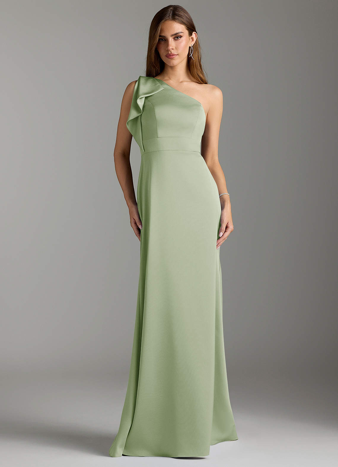Azazie Rinna Bridesmaid Dresses Dusty Sage Mermaid Ruched Stretch Satin Dress image1